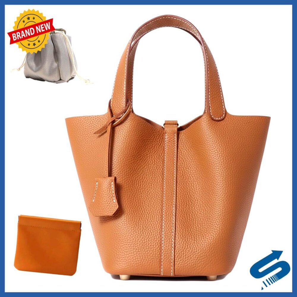 Genuine Leather Bucket Bag with Lock Design, Versatile Shoulder Satchel Handbag